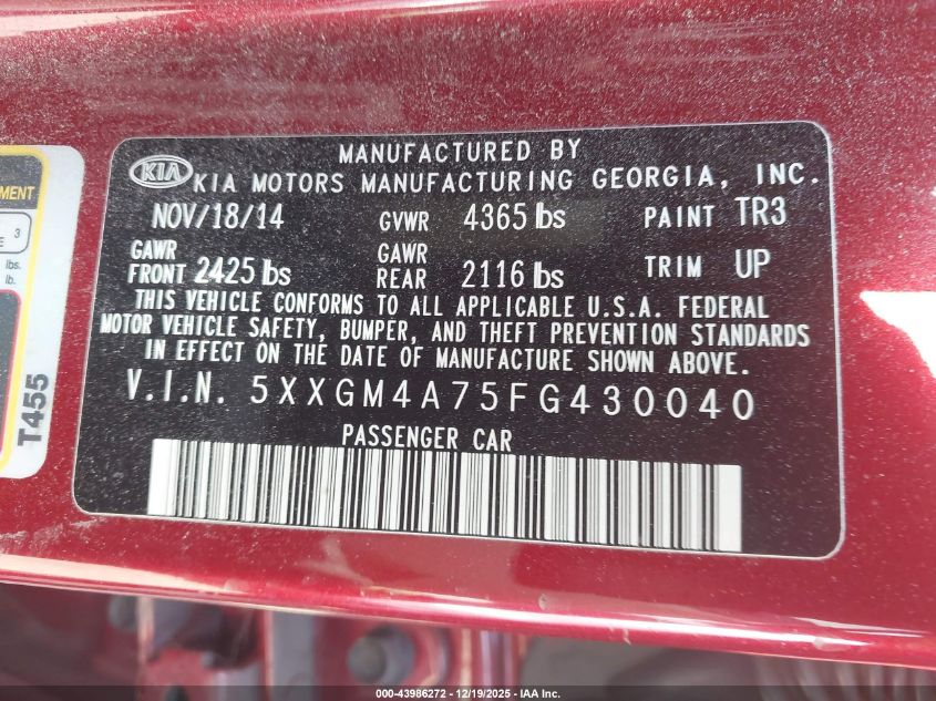2015 Kia Optima Lx VIN: 5XXGM4A75FG430040 Lot: 43986272