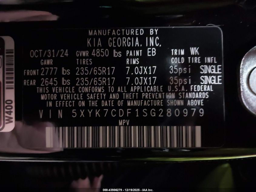 2025 Kia Sportage X-Pro Prestige VIN: 5XYK7CDF1SG280979 Lot: 43986279