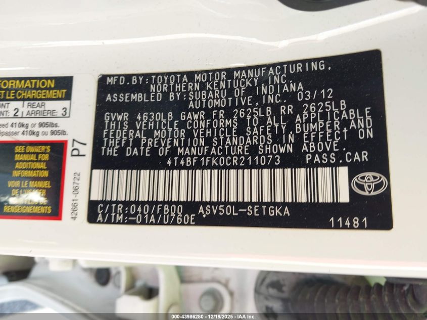 2012 Toyota Camry Xle VIN: 4T4BF1FK0CR211073 Lot: 43986280