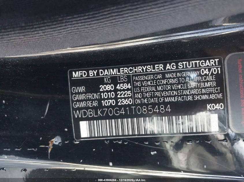 2001 Mercedes-Benz Clk 430 VIN: WDBLK70G41T085484 Lot: 43986284