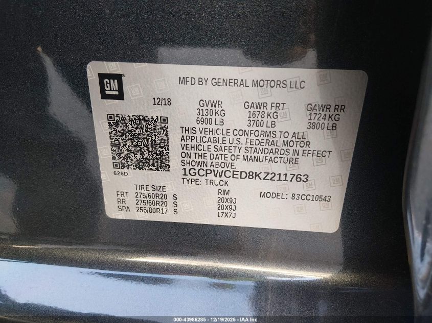 2019 Chevrolet Silverado 1500 Lt VIN: 1GCPWCED8KZ211763 Lot: 43986285