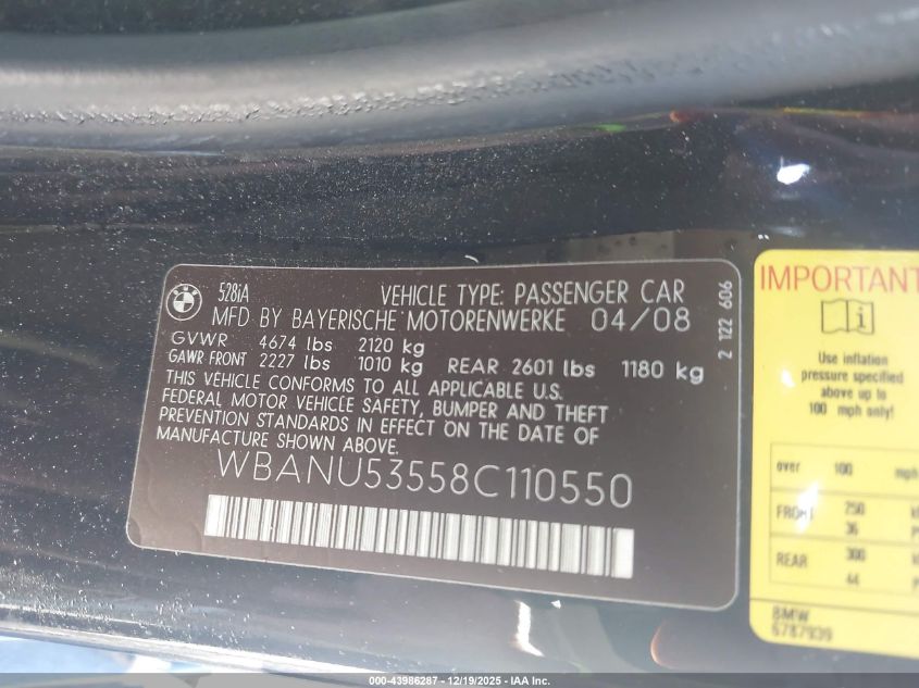 2008 BMW 528I VIN: WBANU53558C110550 Lot: 43986287