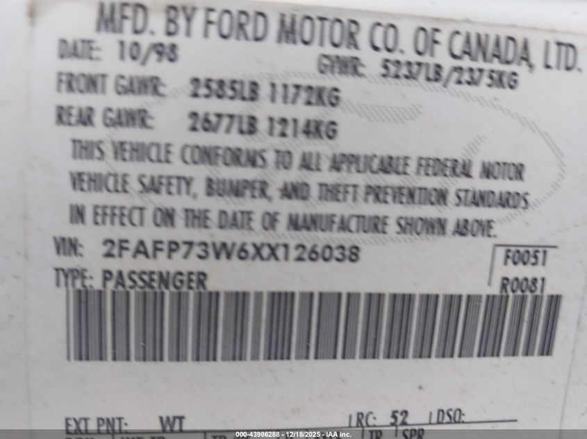 1999 Ford Crown Victoria VIN: 2FAFP73W6XX126038 Lot: 43986288