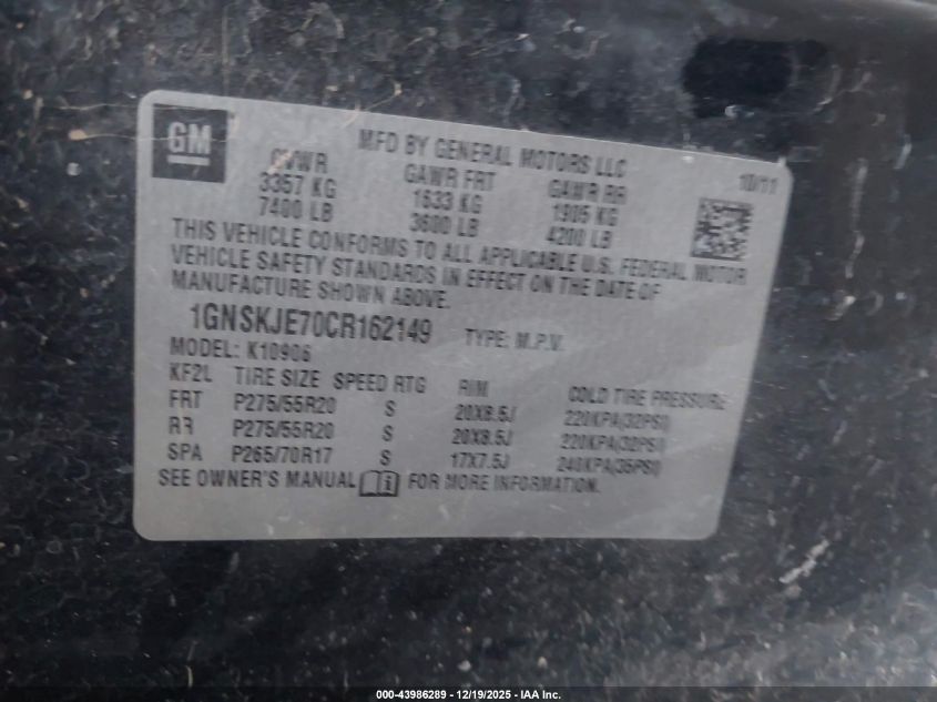 2012 Chevrolet Suburban 1500 Lt VIN: 1GNSKJE70CR162149 Lot: 43986289