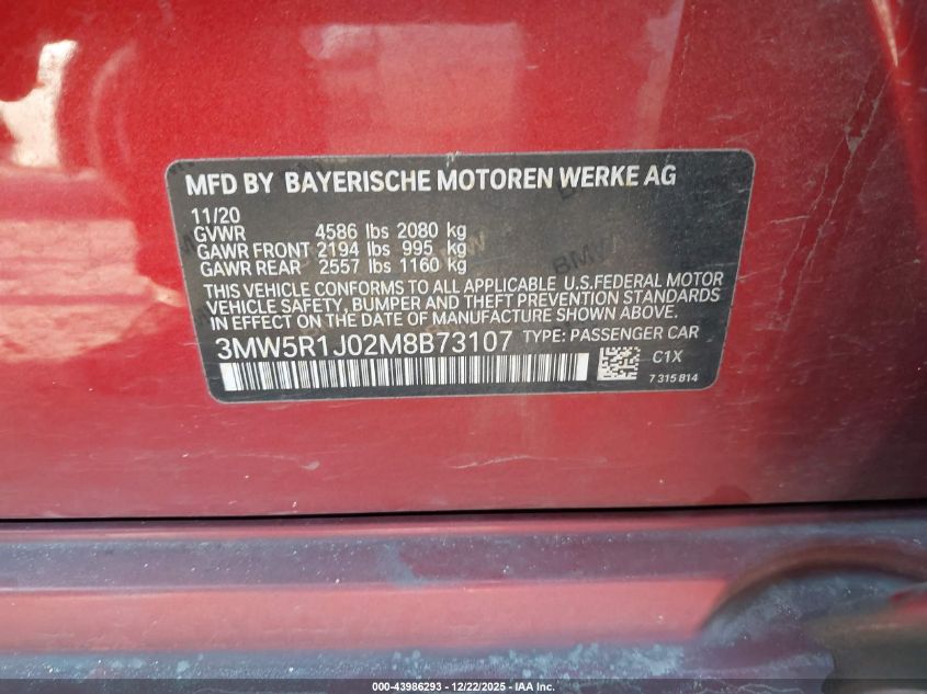 2021 BMW 330I VIN: 3MW5R1J02M8B73107 Lot: 43986293