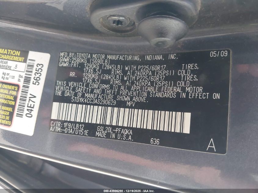 2010 Toyota Sienna Xle VIN: 5TDYK4CC3AS290629 Lot: 43986298