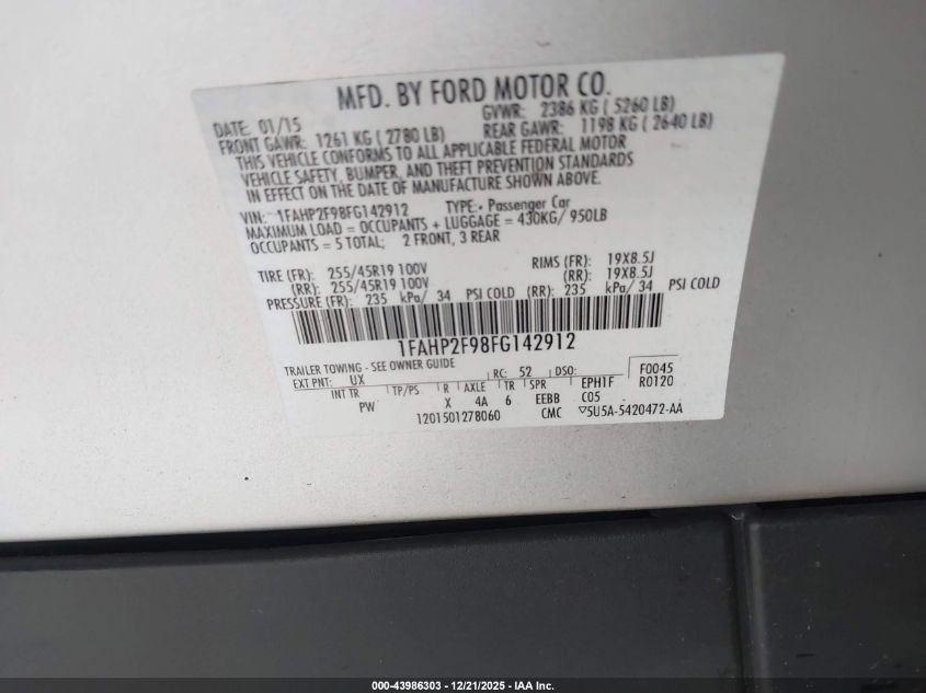 2015 Ford Taurus Limited VIN: 1FAHP2F98FG142912 Lot: 43986303