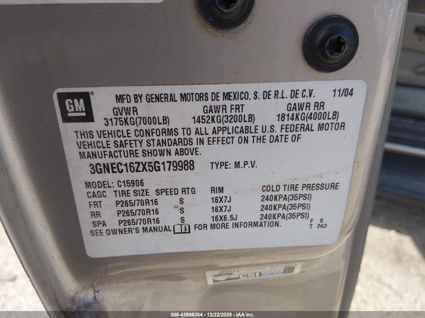 2005 Chevrolet Suburban 1500 Ls VIN: 3GNEC16ZX5G179988 Lot: 43986304