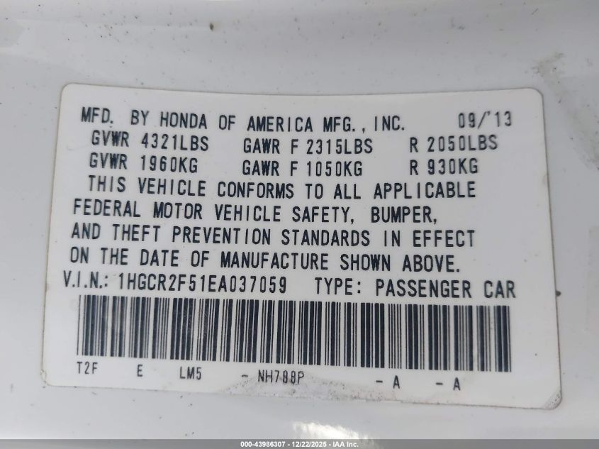 2014 Honda Accord Sport VIN: 1HGCR2F51EA037059 Lot: 43986307