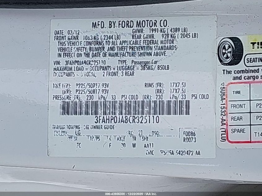 2012 Ford Fusion Sel VIN: 3FAHP0JA8CR325110 Lot: 43986308