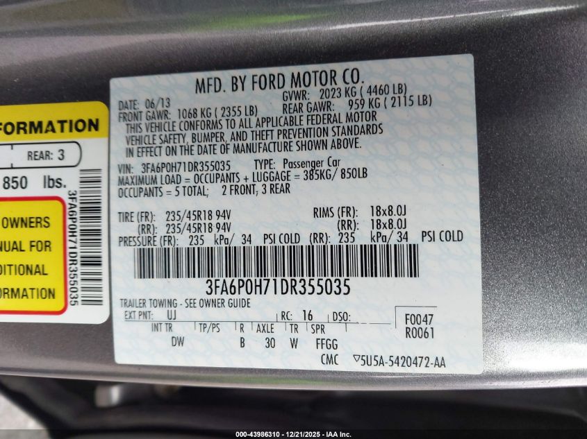 2013 Ford Fusion Se VIN: 3FA6P0H71DR355035 Lot: 43986310
