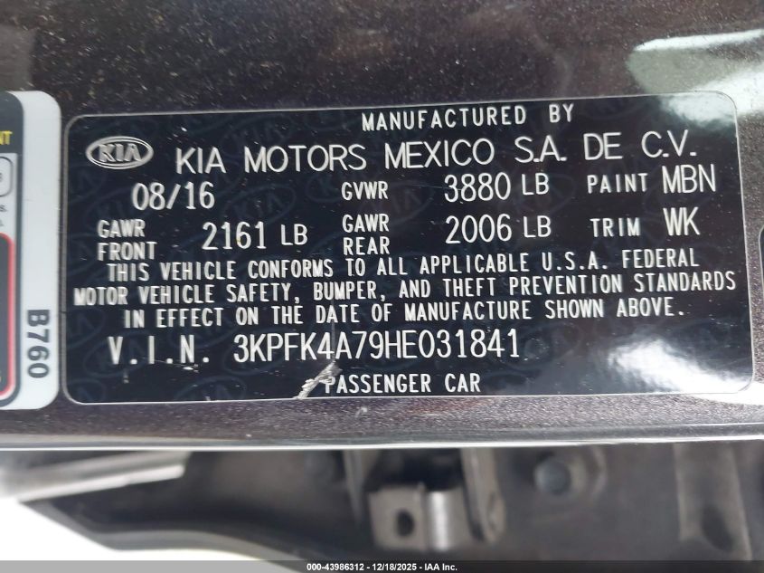 2017 Kia Forte Lx VIN: 3KPFK4A79HE031841 Lot: 43986312