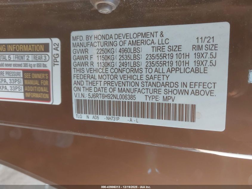 2022 Honda Cr-V Hybrid Touring VIN: 5J6RT6H92NL006385 Lot: 43986313