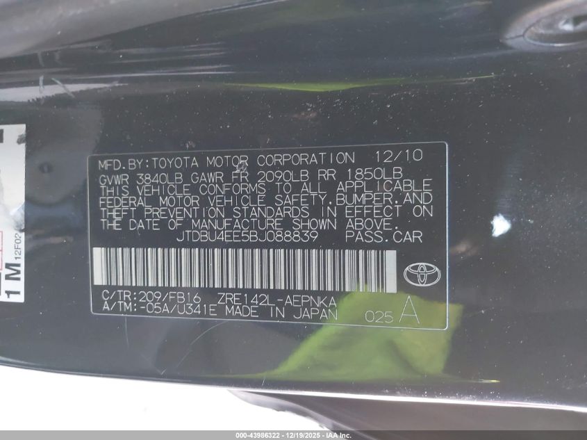 2011 Toyota Corolla VIN: JPDBU4EE5DJ088839 Lot: 43986322