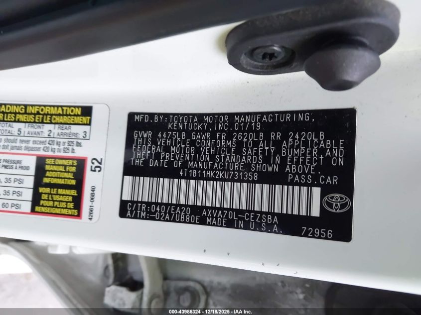 2019 Toyota Camry Se VIN: 4T1B11HK2KU731358 Lot: 43986324