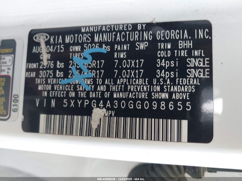 2016 Kia Sorento 2.4L Lx VIN: 5XYPG4A30GG098655 Lot: 43986326