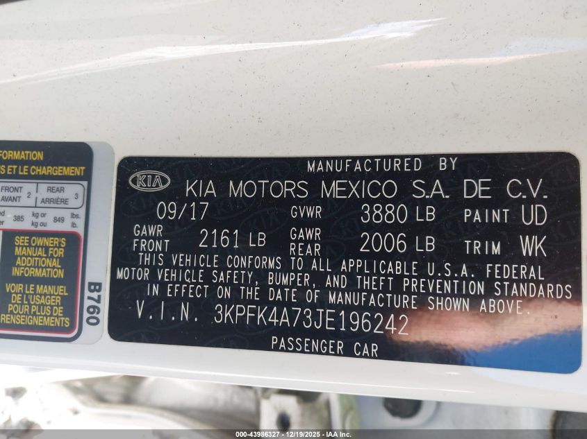 2018 Kia Forte Lx VIN: 3KPFK4A73JE196242 Lot: 43986327