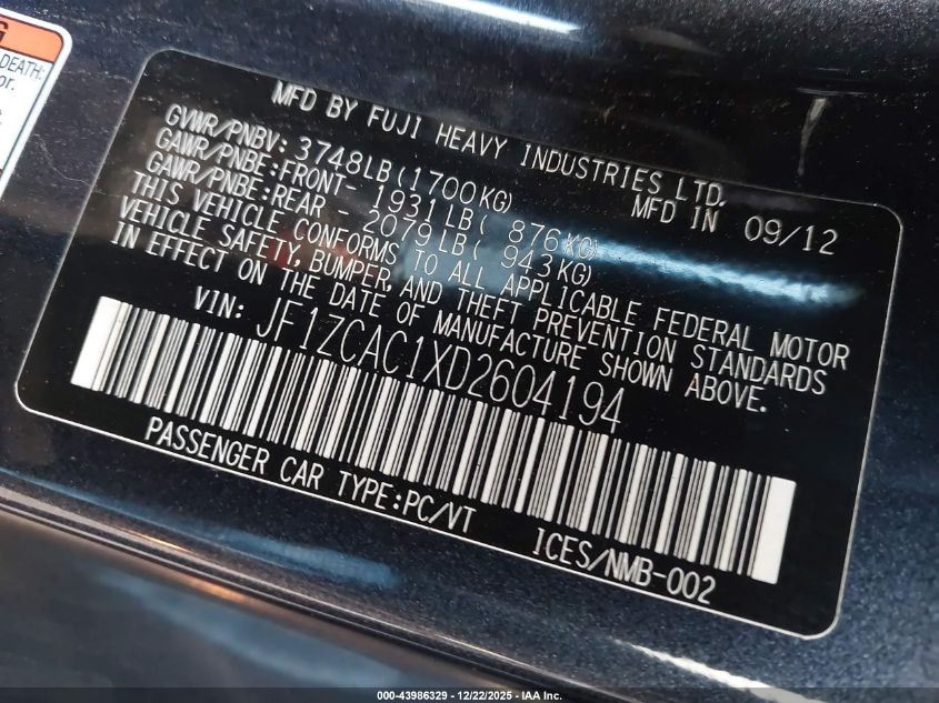 2013 Subaru Brz Limited VIN: JF1ZCAC1XD2604194 Lot: 43986329