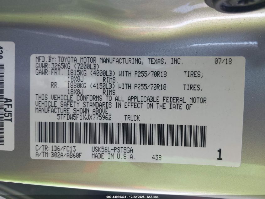 2018 Toyota Tundra Sr5 5.7L V8 VIN: 5TFDW5F1XJX775962 Lot: 43986331