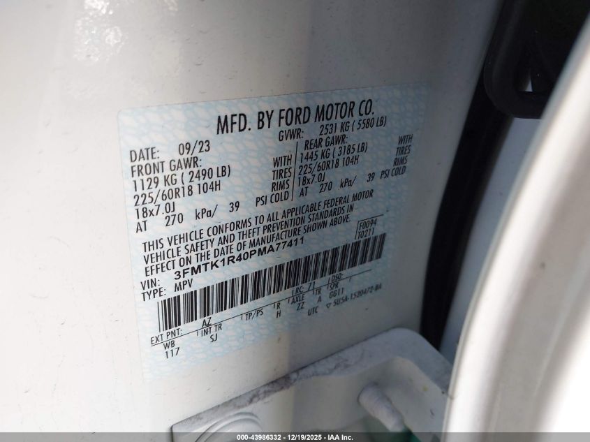 2023 Ford Mustang Mach-E Select VIN: 3FMTK1R40PMA77411 Lot: 43986332