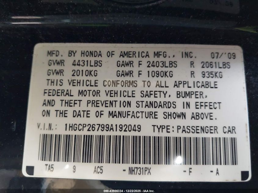 2009 Honda Accord 2.4 Ex VIN: 1HGCP26799A192049 Lot: 43986334