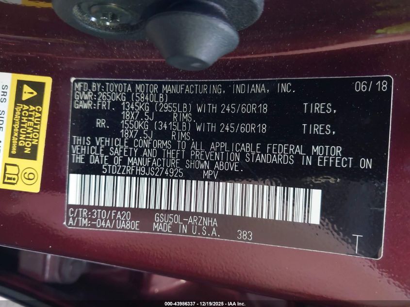 2018 Toyota Highlander Le Plus VIN: 5TDZZRFH9JS274925 Lot: 43986337