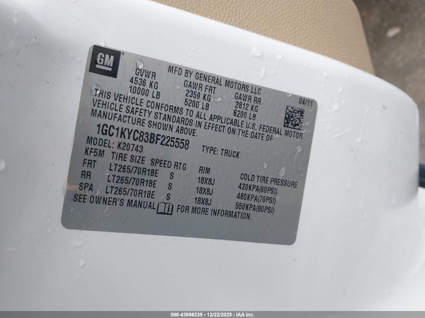 2011 Chevrolet Silverado 2500Hd Ltz VIN: 1GC1KYC83BF225558 Lot: 43986339