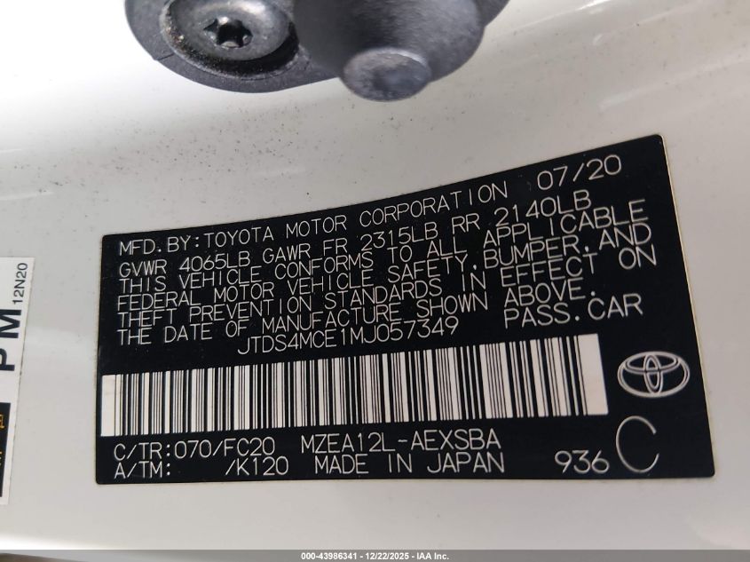 2021 Toyota Corolla Se VIN: JTDS4MCE1MJ057349 Lot: 43986341