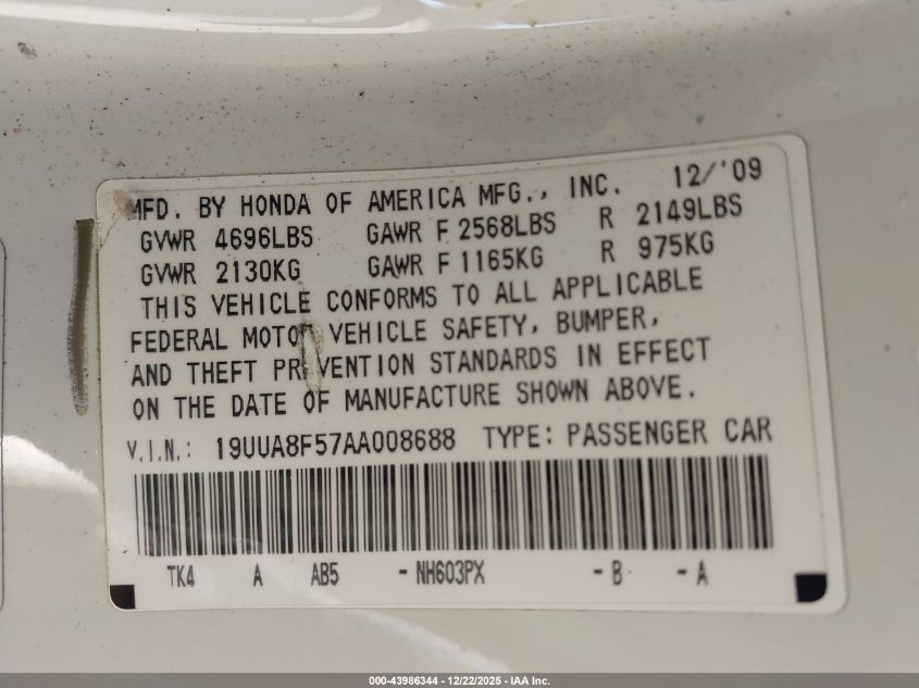 2010 Acura Tl 3.5 VIN: 19UUA8F57AA008688 Lot: 43986344