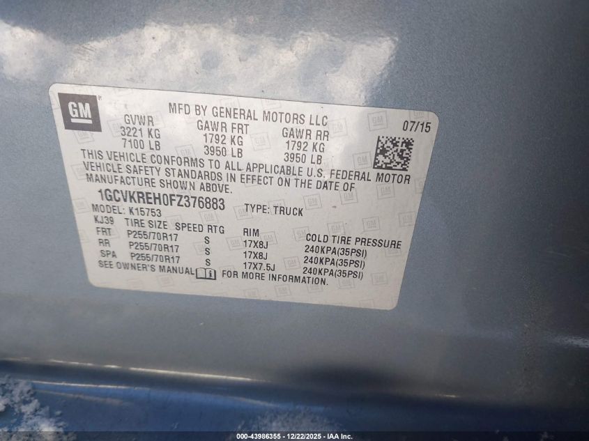 2015 Chevrolet Silverado 1500 1Lt VIN: 1GCVKREH0FZ376883 Lot: 43986355