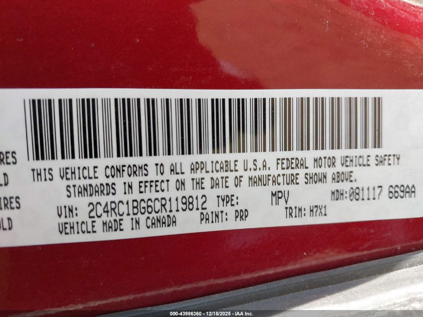 2012 Chrysler Town & Country Touring VIN: 2C4RC1BG6CR119812 Lot: 43986360