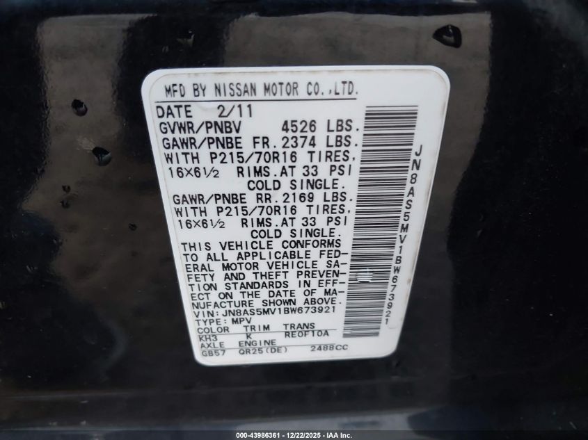 2011 Nissan Rogue S VIN: JN8AS5MV1BW673921 Lot: 43986361