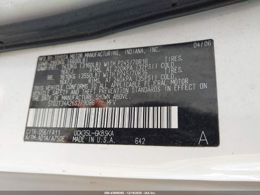 2006 Toyota Sequoia Sr5 V8 VIN: 5TDZT34A26S279086 Lot: 43986365