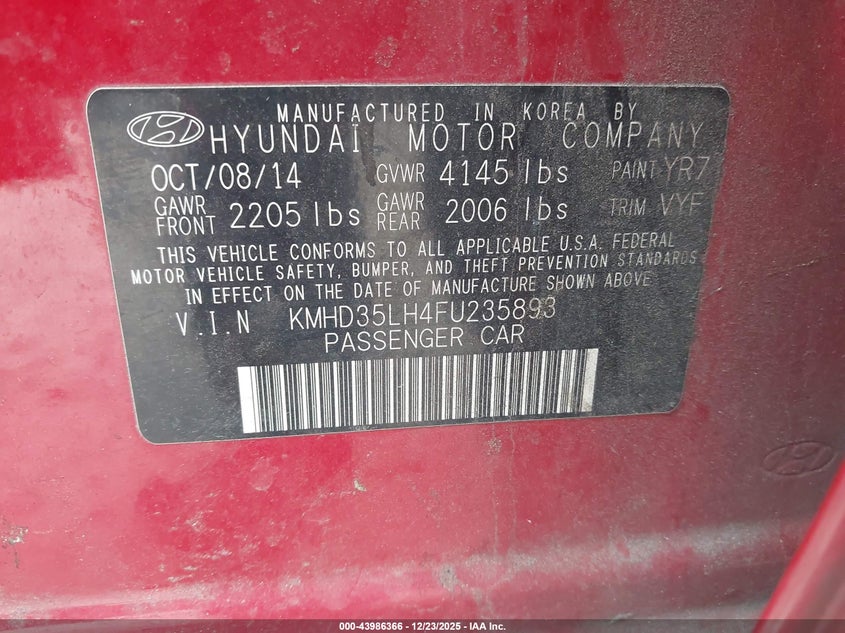 KMHD35LH4FU235893 2015 HYUNDAI ELANTRA photo no. 9