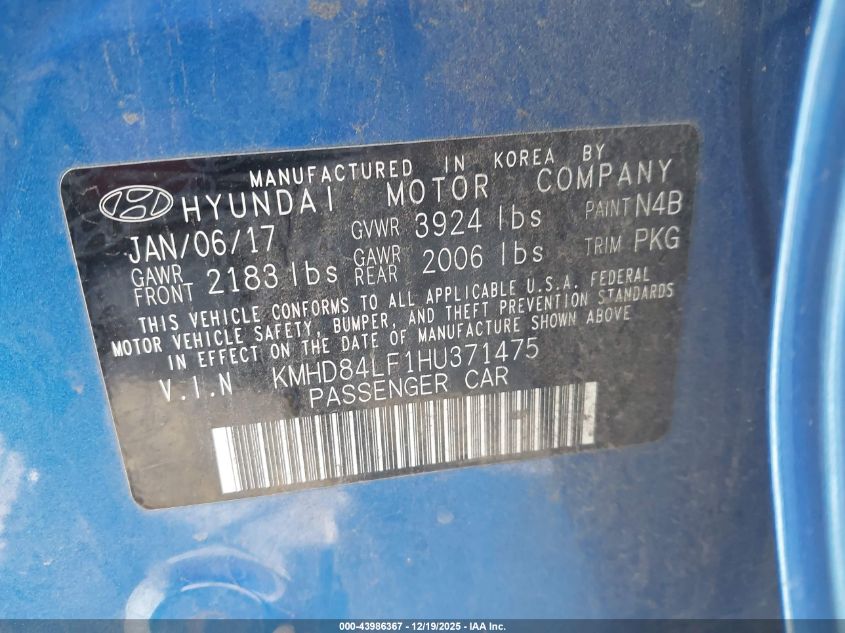 2017 Hyundai Elantra Se VIN: KMHD84LF1HU371475 Lot: 43986367