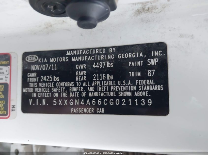 2012 Kia Optima Ex Turbo VIN: 5XXGN4A66CG021139 Lot: 43986368