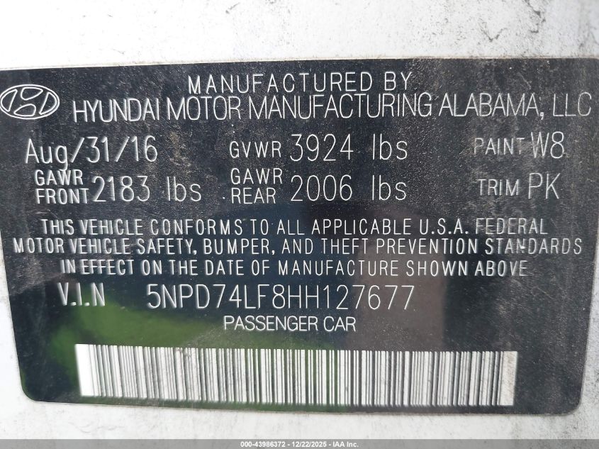2017 Hyundai Elantra Se VIN: 5NPD74LF8HH127677 Lot: 43986372