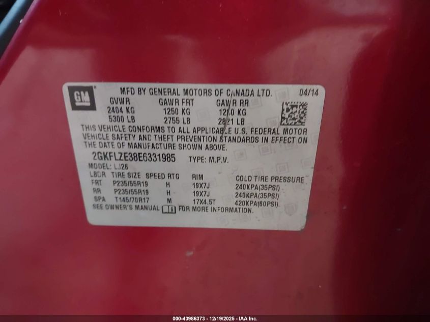 2014 GMC Terrain Denali VIN: 2GKFLZE38E6331985 Lot: 43986373