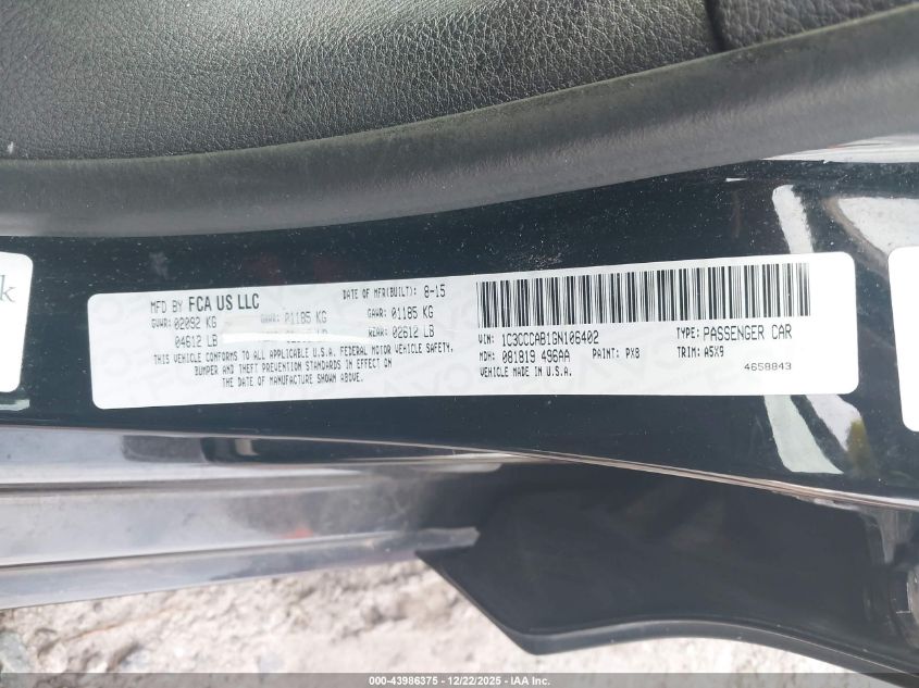 2016 Chrysler 200 Limited VIN: 1C3CCCAB1GN106402 Lot: 43986375