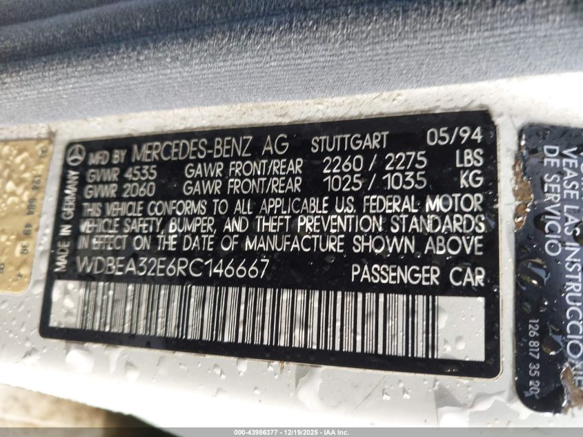 1994 Mercedes-Benz E 320 VIN: WDBEA32E6RC146667 Lot: 43986377