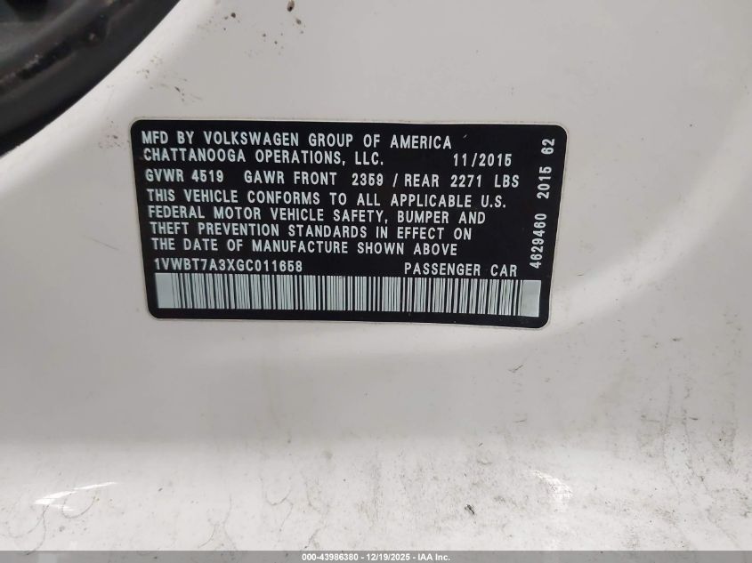 2016 Volkswagen Passat 1.8T Se VIN: 1VWBT7A3XGC011658 Lot: 43986380