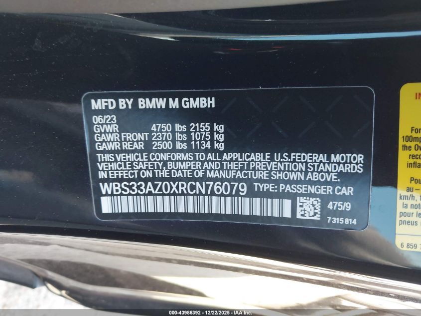 2024 BMW M4 Competition VIN: WBS33AZ0XRCN76079 Lot: 43986392