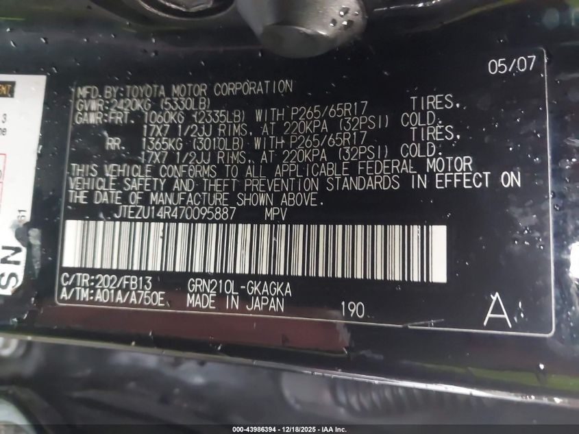 2007 Toyota 4Runner Sport V6 VIN: JTEZU14R470095887 Lot: 43986394