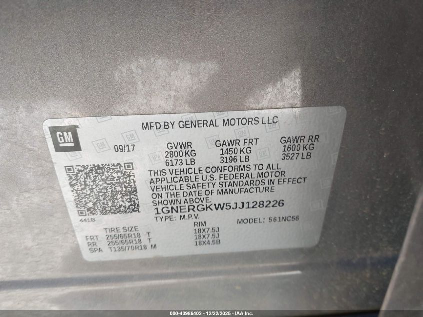 2018 Chevrolet Traverse 1Lt VIN: 1GNERGKW5JJ128226 Lot: 43986402