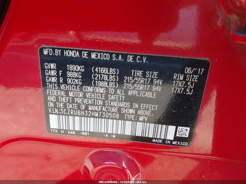 2017 Honda Hr-V Lx VIN: 3CZRU6H32HM730508 Lot: 43986406