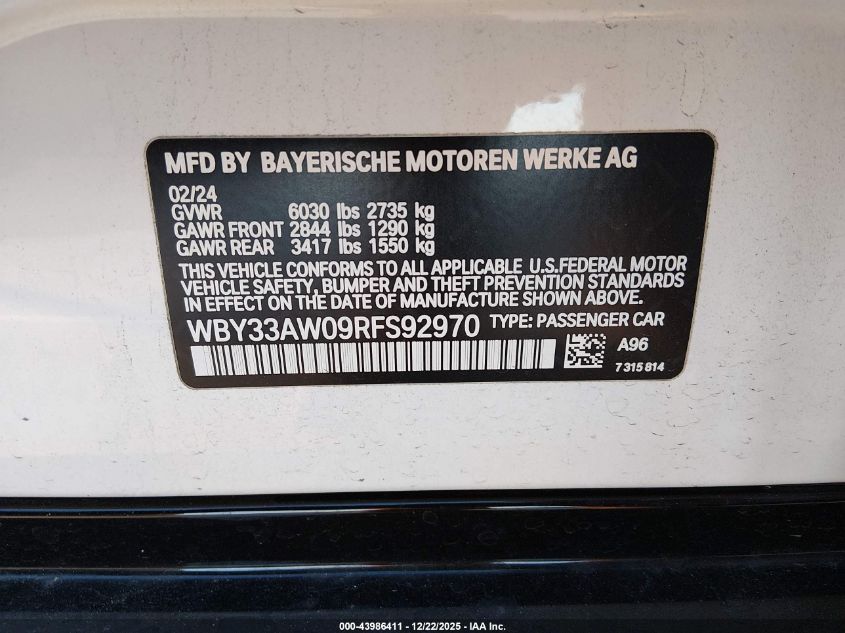 2024 BMW I4 Gran Coupe M50 VIN: WBY33AW09RFS92970 Lot: 43986411