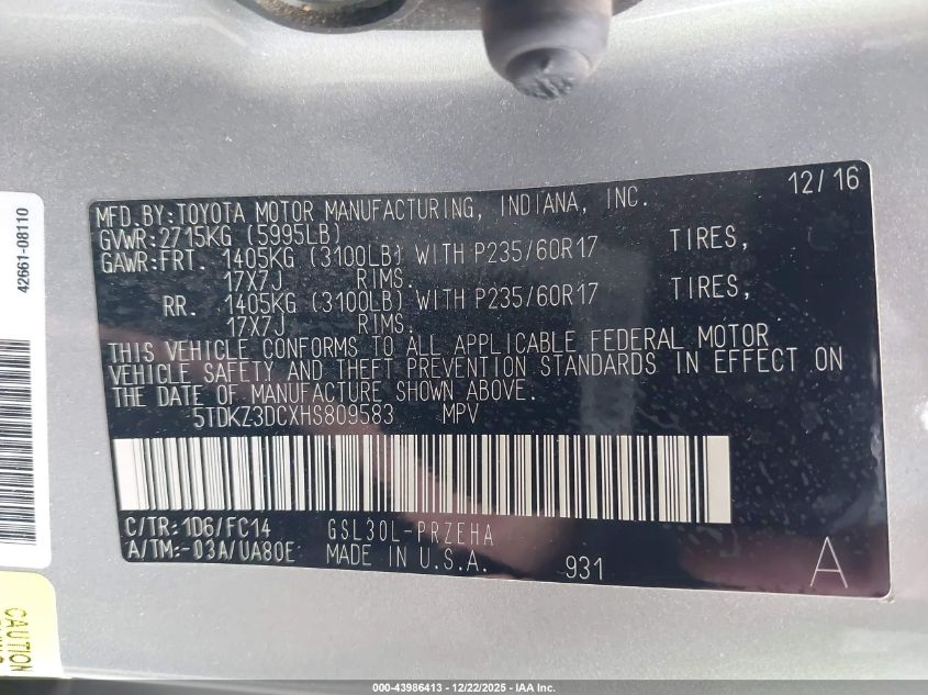 2017 Toyota Sienna Le 8 Passenger VIN: 5TDKZ3DCXHS809583 Lot: 43986413