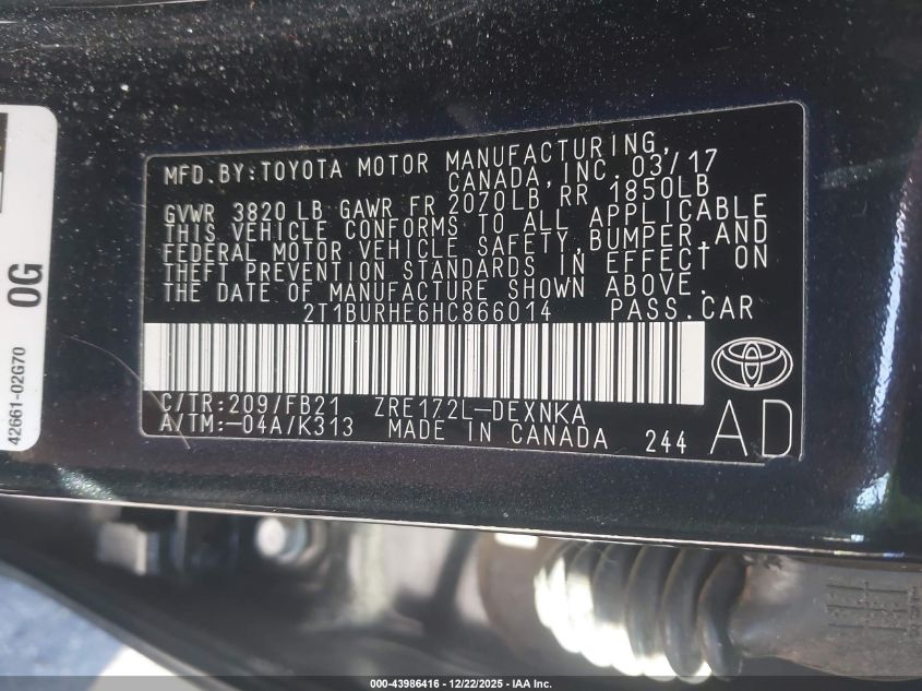 2017 Toyota Corolla Le VIN: 2T1BURHE6HC866014 Lot: 43986416