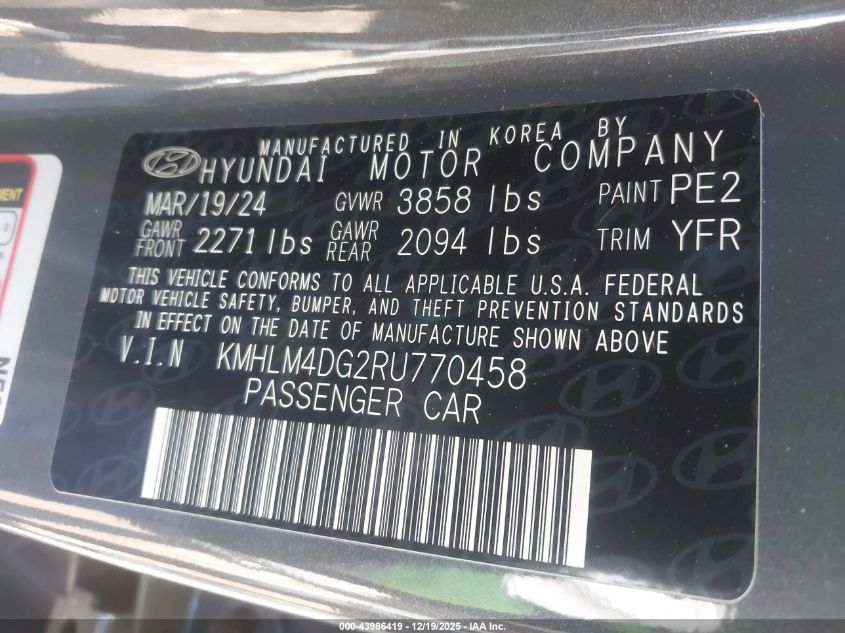 2024 Hyundai Elantra Sel VIN: KMHLM4DG2RU770458 Lot: 43986419