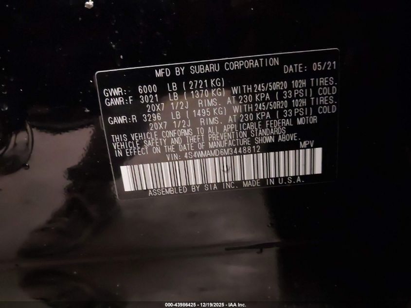 2021 Subaru Ascent Limited VIN: 4S4WMAMD6M3448812 Lot: 43986425
